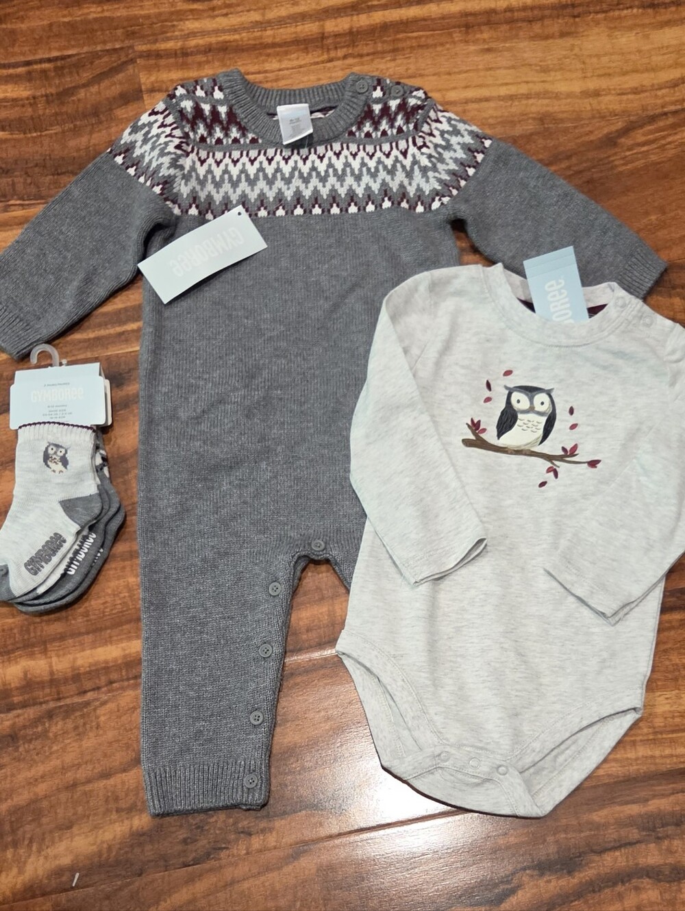 Gymboree NWT 6-12 Months Gray Sweater Romper, Owl Bodysuit & 2-pack Socks - Picture 1 of 13